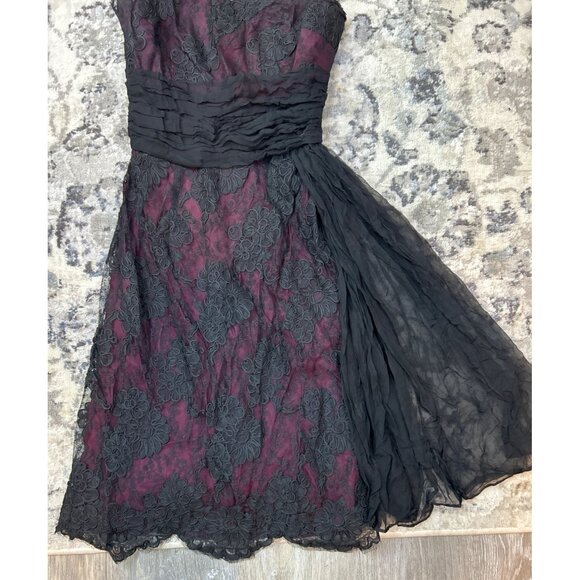 Vintage 50' s 60's Black Lace Overlay Burgundy Whimsygoth Crepey Delicate Floral - Picture 9 of 16